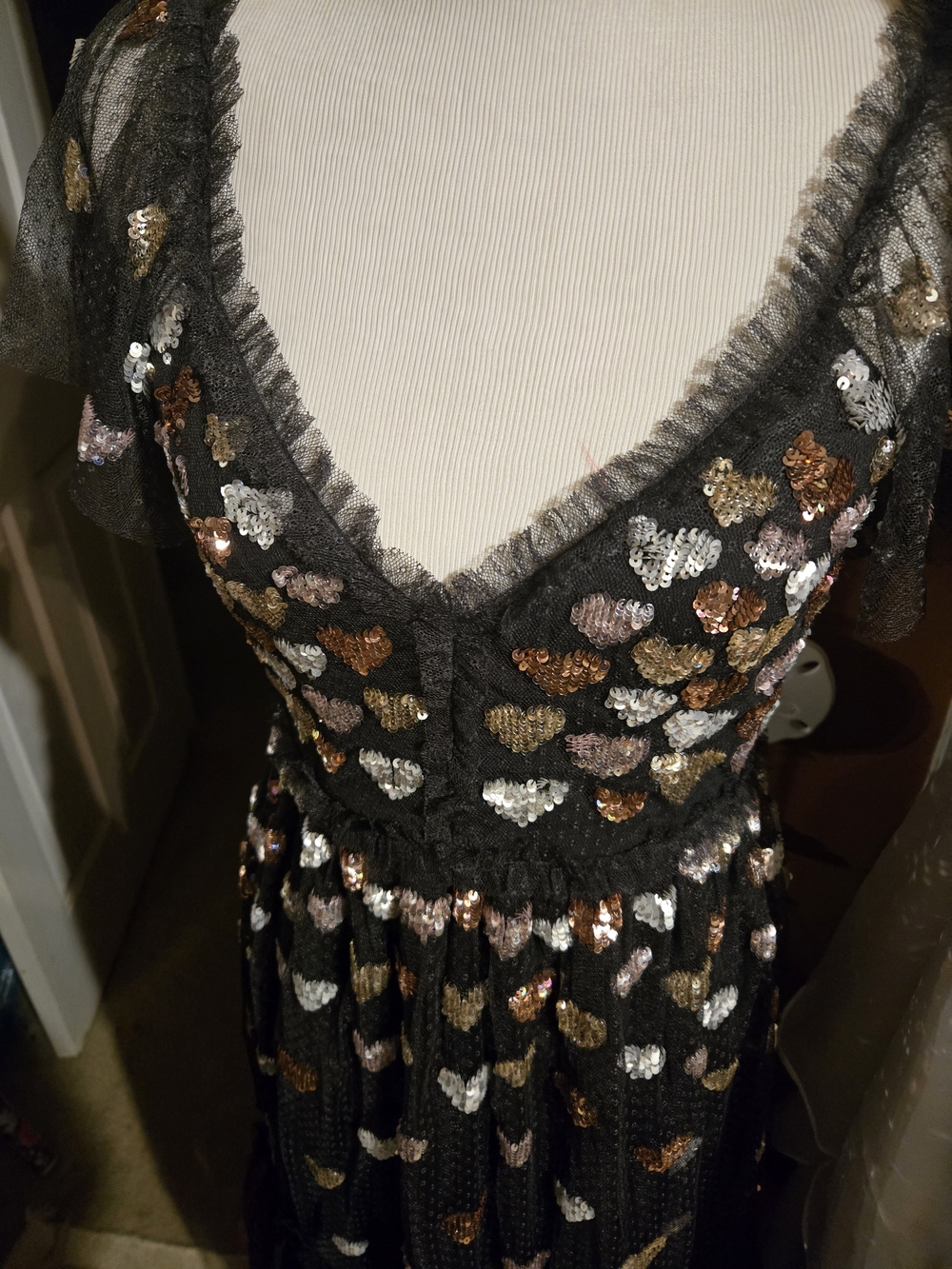 Needle & Thread Black Mesh Dress with Gold, Silver & Rose Sequin Hearts